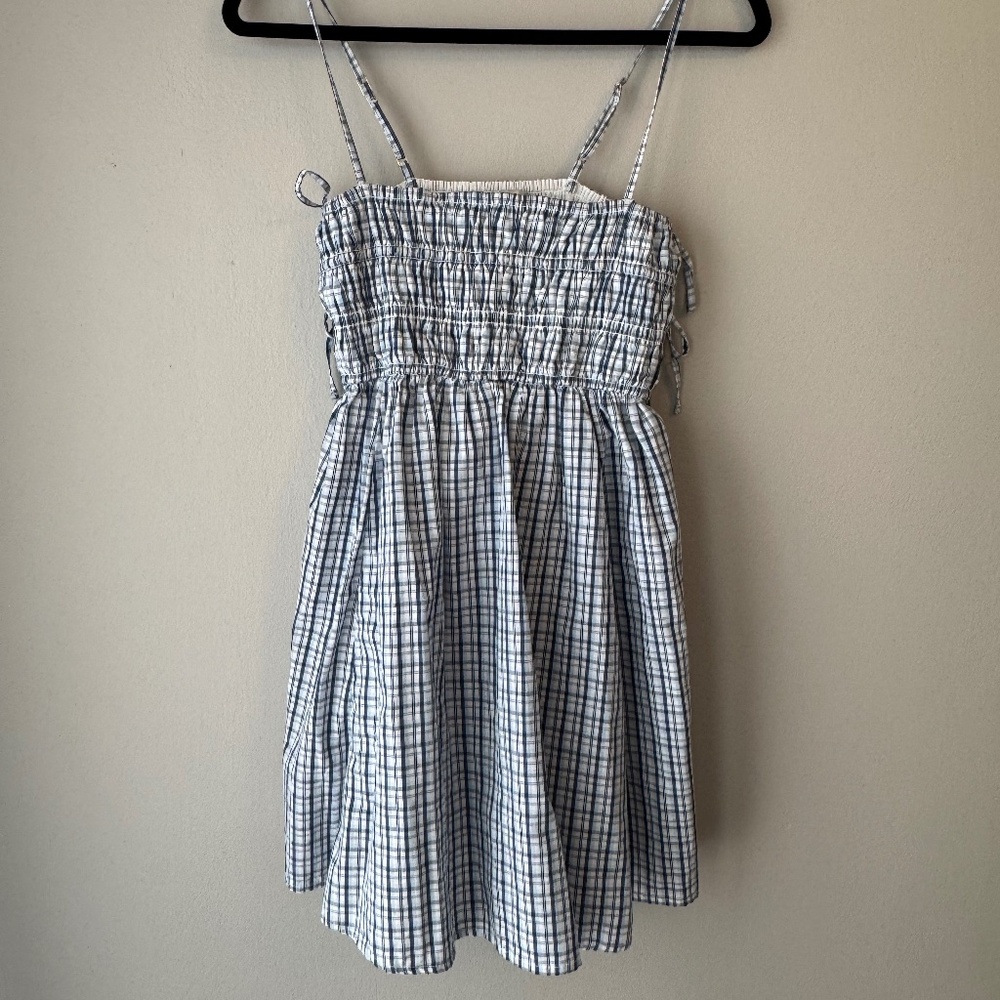 Abercrombie & Fitch Navy Plaid Smocked Babydoll Tie Mini Dress size Small Petite